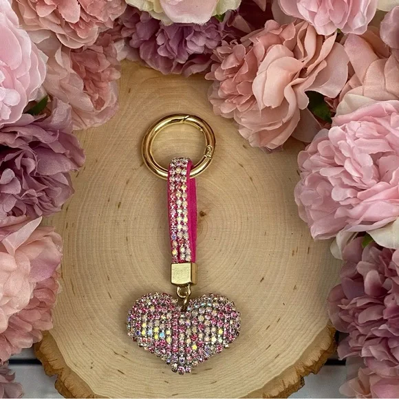 Chic Multicolor Pink Crystal & Leather Heart Keychain - Picture 4 of 11